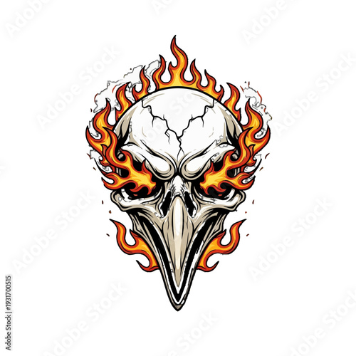Fiery Bird Skull Esport Logo, Ominous Crow Head with Blazing Flames, Isolated White Background.