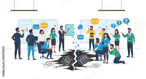 Office Communication Gap Flat Vector Set – Workplace Transparency and Business Miscommunication Concept