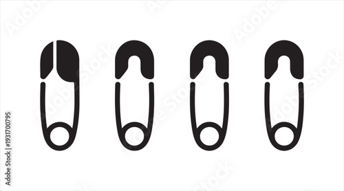 Simple safety pin fastener icon pack clothing repair accessory symbols black vector illustration set
