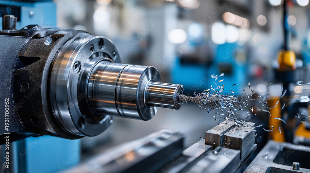 Naklejka premium Precision metal turning on lathe creating metal shavings in factory, manufacturing process, metalworking detail, industrial production, with copy space