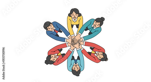A diverse group of happy business professionals with a mix of men and women in colorful office attire putting their hands together in a celebratory gesture of teamwork and appreciation