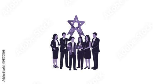 Illustration of a diverse group of business professionals standing together in celebration with a purple star symbolizing employee appreciation in a corporate setting