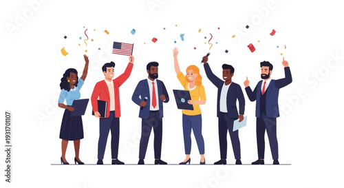 A diverse group of happy office workers celebrating Employee Appreciation Day with a team recognition illustration, surrounded by colorful confetti and stars