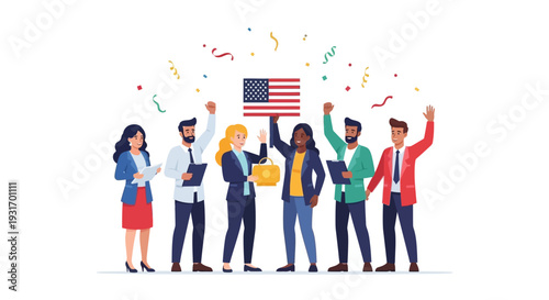 A diverse group of happy office workers celebrating Employee Appreciation Day with a US flag and confetti in a colorful illustration