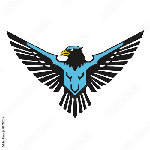 Strong eagle with black and blue wings, powerful bird of prey emblem, isolated white background.