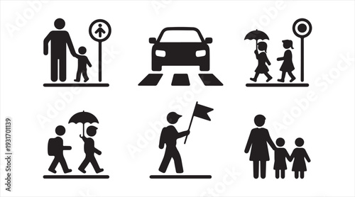 Road safety pedestrian icons showing walking people and protection symbols black vector illustration set