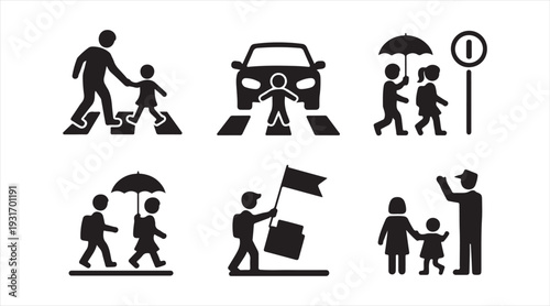 Collection of pedestrian crossing symbols road safety icons minimal black vector set isolated on white