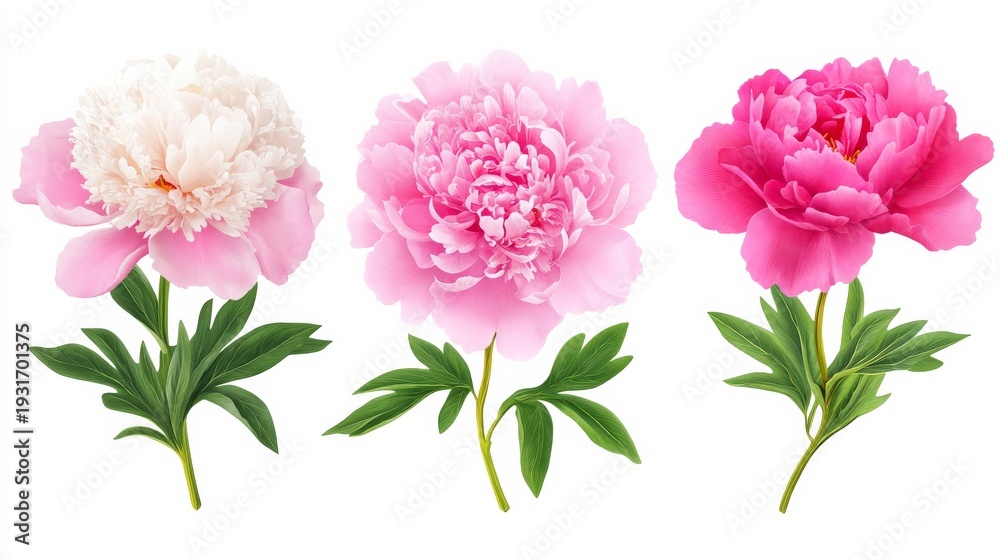 Fototapeta premium Collection set of peony flowers on white background with green leaves arranged in three bunches