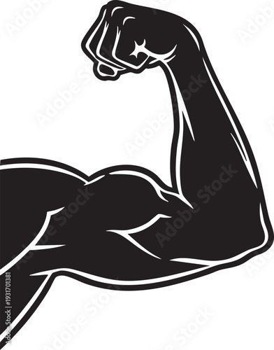 A muscular arm flexes its bicep in a powerful illustration.