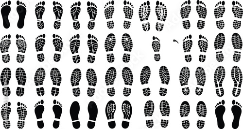 Black footprints and shoe print tread marks silhouette collection featuring bare feet, sneaker soles, boot tracks, and diverse textured footwear patterns.