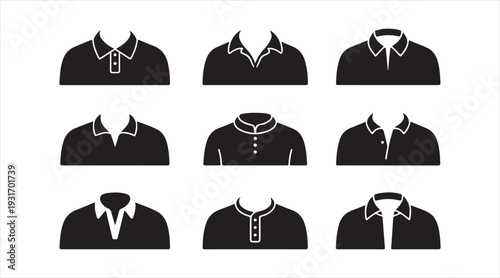 Shirt collar icon set with different clothing collar styles black silhouette vector collection isolated on white background