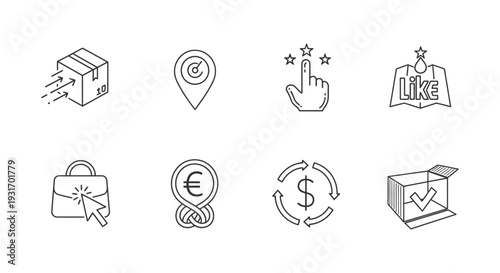 e-commerce and digital business line icons for online services delivery tracking customer feedback and financial transactions