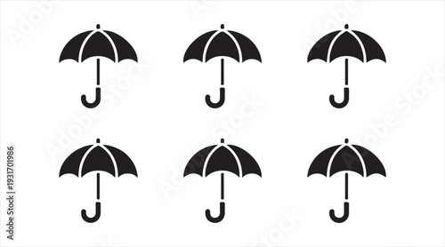 Collection of umbrella symbols showing classic umbrella shapes minimal black vector icon set