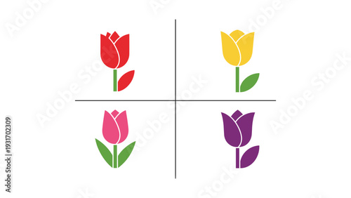 Four stylized tulips divided by a horizontal line with contrasting colors