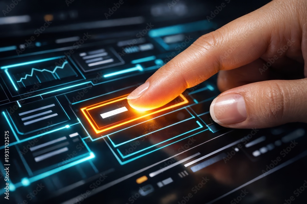 Fototapeta premium Digital interaction: A human finger interacts with a modern digital interface, triggering a virtual button and illuminating with a vibrant, glowing energy.