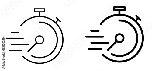 Fast service and time management icon set featuring two stopwatch line art symbols with motion lines for speed and efficiency. Quick time icon set