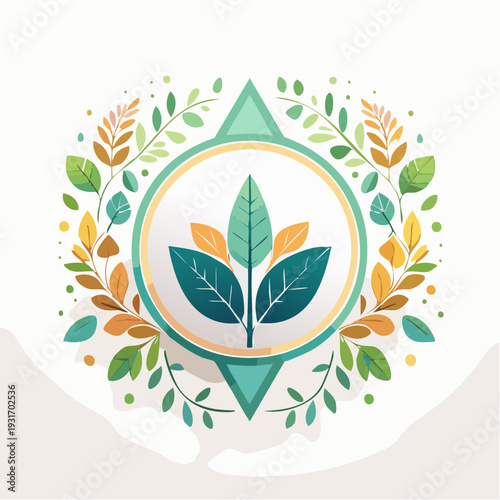 Vibrant floral wreath with a stylized plant emblem at its center
