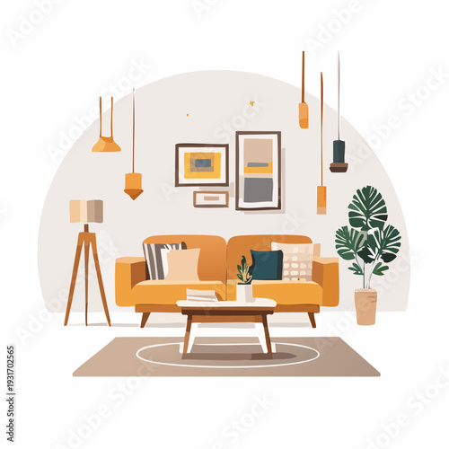 Modern Living Room Interior Design Illustration Stylish and Cozy Home Decor Scene with Sofa, Plants, and Art