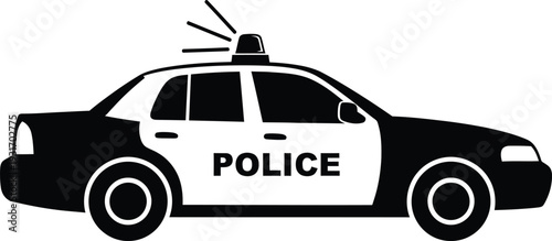 Police Car Silhouette with Lights on White Background
