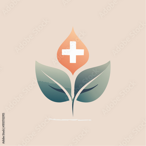 Healthy living and natural healing symbol with green leaves and cross