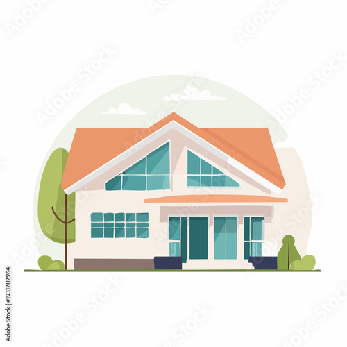 Modern residential house with large windows and a sloping roof, surrounded by trees