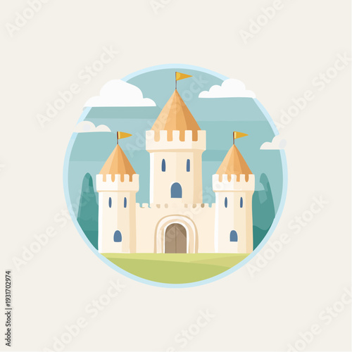 Whimsical fairytale castle illustration with flags and turrets, a dreamlike kingdom in a circular graphic design for enchanting stories