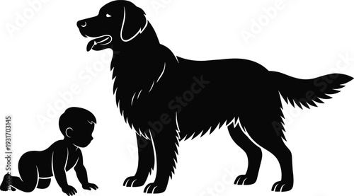 Black silhouette of a loyal golden retriever dog standing protectively next to a crawling baby infant on a clean white background for family concepts.