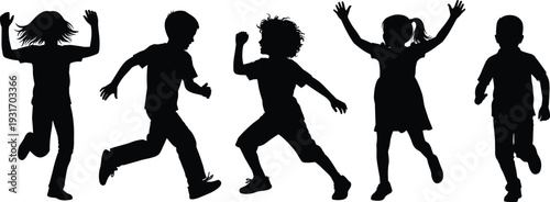 Black silhouettes of diverse people, ballerinas, and playing children, representing community, dance, fitness, freedom, success, inclusive empowerment, and active lifestyle concepts.