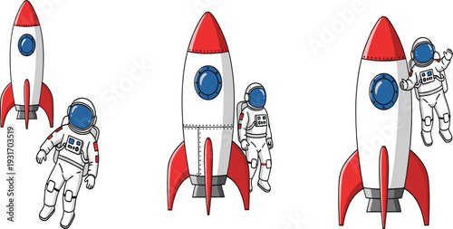 Space Rocket and Astronaut Cartoon Character Set with Spaceship Launch Cosmonaut Floating in Zero Gravity for Science Exploration Design.