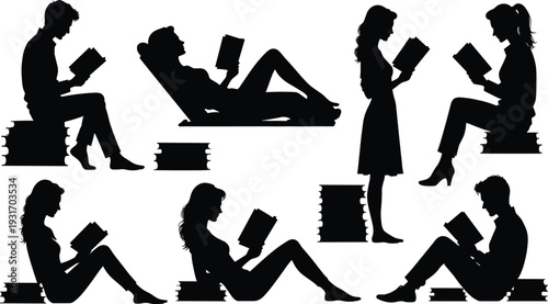 Black silhouettes of diverse people reading books in 