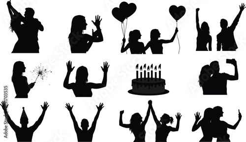 Black silhouette set of happy people celebrating birthday party with cake balloons sparklers and 