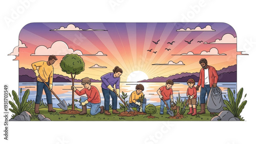 Family plants trees together at serene lakeside during vibrant sunset