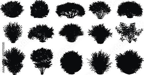 Black silhouette assault rifle gun set including automatic weapons with scopes and tactical gear icons on isolated plain white background