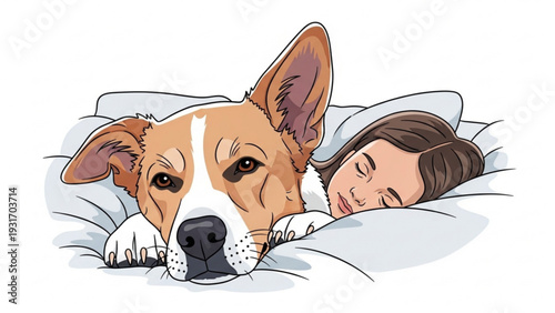 Woman and dog resting together on a bed, a moment of companionship and tranquility