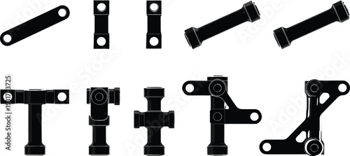 Collection of black mechanical joint silhouettes including industrial pipe fittings, steering linkage components, metal connectors, and engineering hardware vector icons isolated on white background