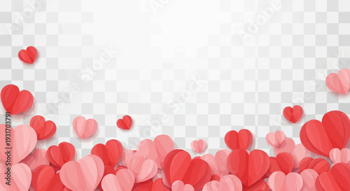 Red and pink hearts scattered on a transparent background for Valentine's Day.