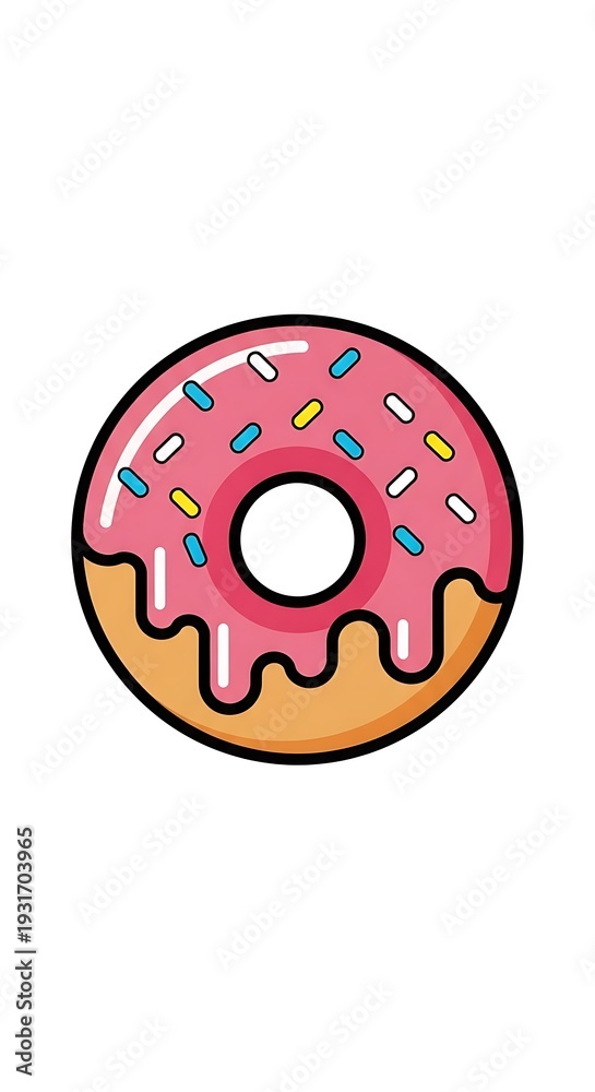 Fototapeta premium Colorful Cartoon Donut with Pink Icing and Sprinkles.