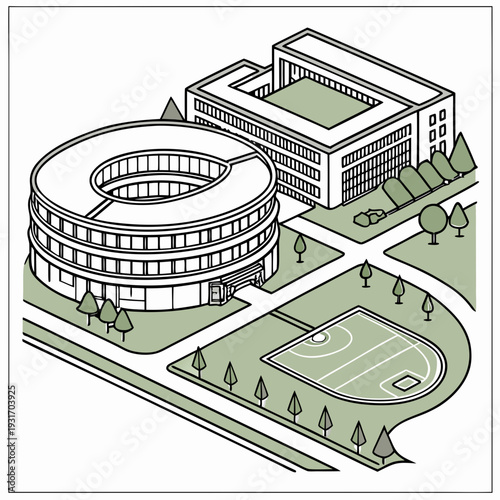 Futuristic university campus with curved building and sports field