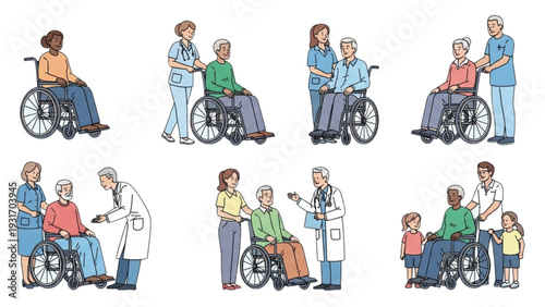 Caregivers assisting elderly individuals with wheelchairs in various healthcare settings