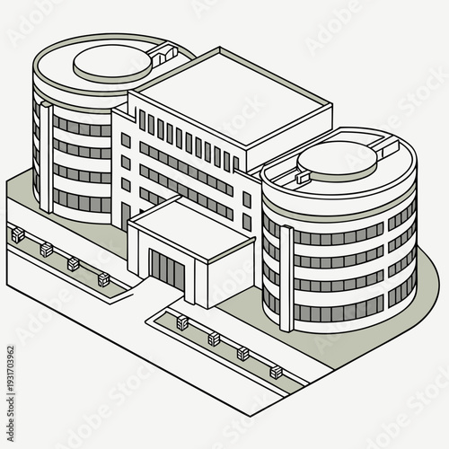 Isometric view of modern medical research facility with circular zoning