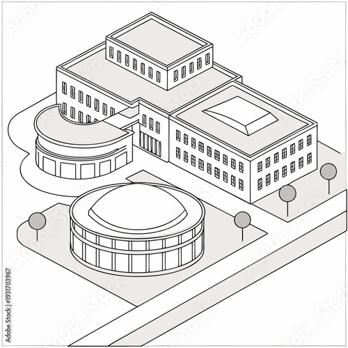 Isometric view of medical research campus with circular zoning