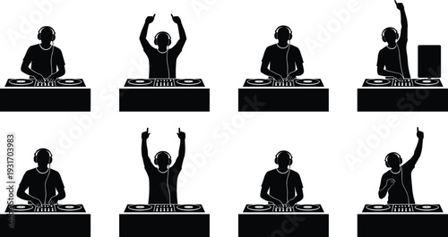 Collection of professional DJ silhouette icons featuring diverse poses with turntables headphones and mixing consoles for electronic music festival party and nightclub event graphics