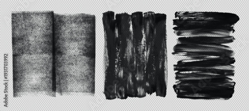 Set of black ink roller and paint brush stroke textures with halftone pattern on transparent background
