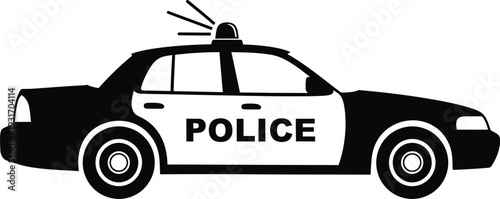 Police Car Silhouette with Lights on White Background