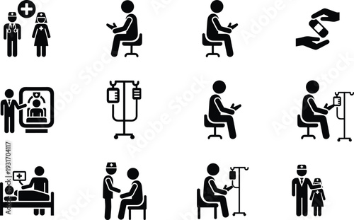 Comprehensive Medical Icon Set Featuring Healthcare Professionals Doctors and Nurses Providing Patient Care IV Therapy Infusions Diagnostic Imaging 