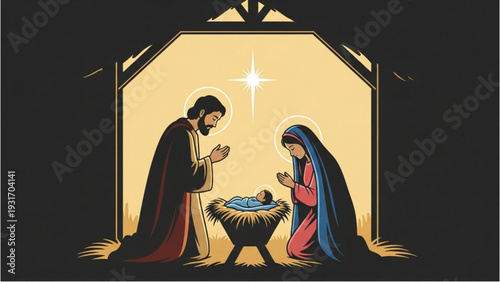Illustration of Mary, Joseph, and Jesus in a manger under a star in a stable