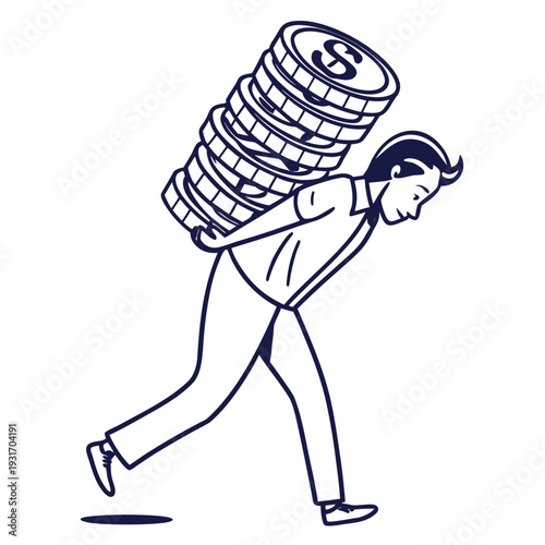 Man carrying heavy stack of coins on back person