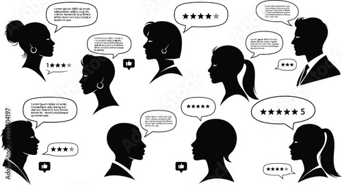 Diverse People Silhouettes Talking in Speech Bubbles on White Background