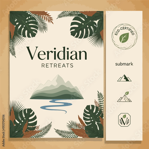 Veridian Retreats logo featuring lush tropical foliage, a serene mountain landscape with a river, and eco-certified branding elements.