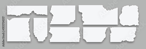 Horizontal collection of ripped paper strips and blank white scraps with realistic ragged borders transparent background